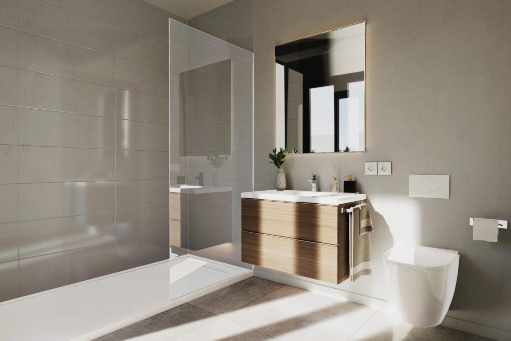 Baño moderno y luminoso en chalet de obra nueva en Palma de Mallorca