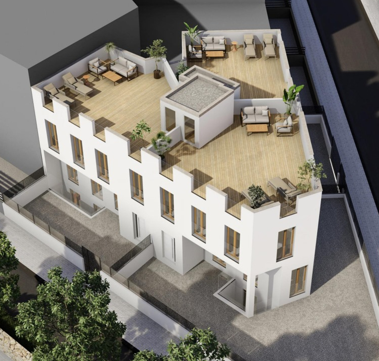 Fachada de promoción de tres viviendas unifamiliares de obra nueva en Palma de Mallorca